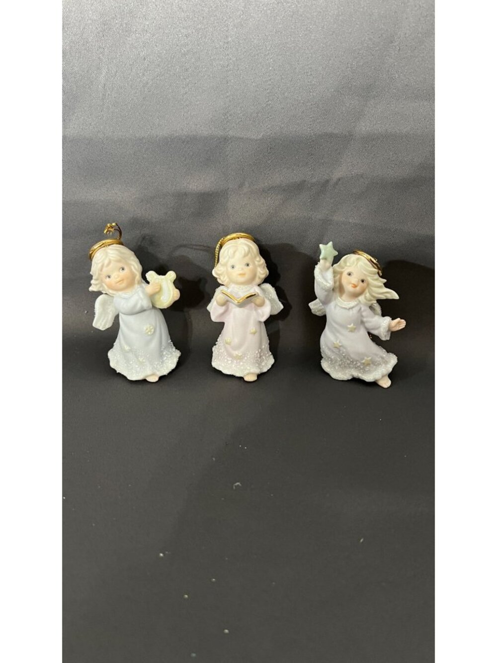 Set Of 3 Porcelain Angel Christmas Ornaments With Gold Halos & Glitter Accents